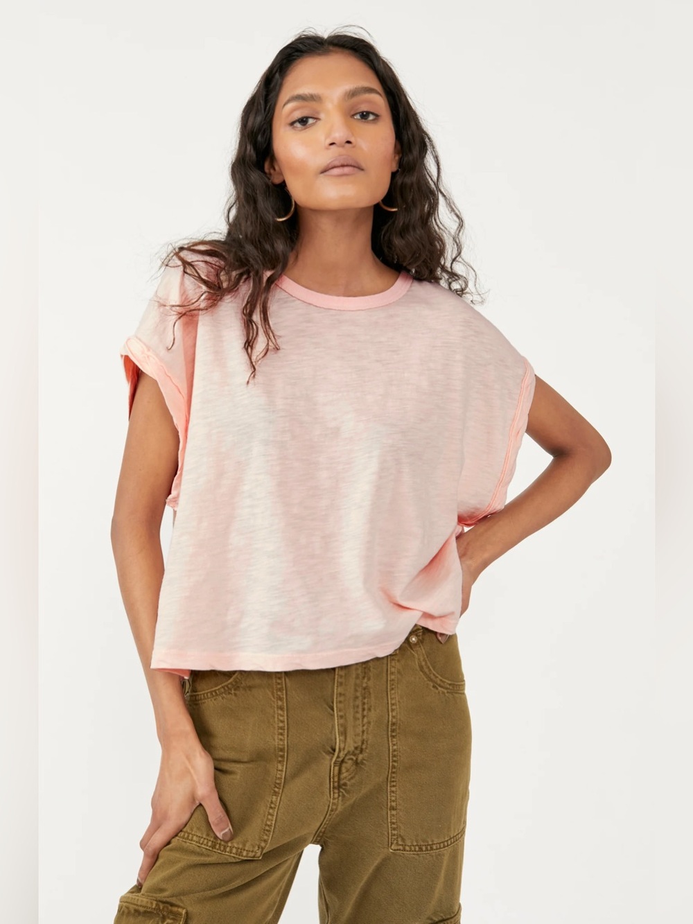 FREE PEOPLE We The Free You Rock Boxy Tee, Peach Colour, Size Small